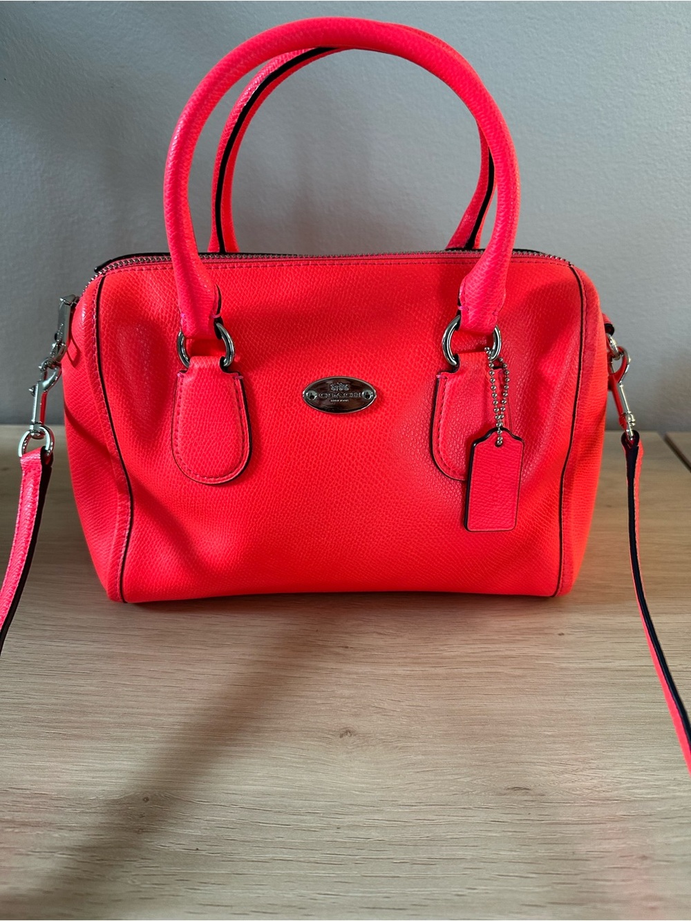 Coach Bright Neon Pink Pebbled Leather Satchel, Mini Bennett Handbag - Picture 1 of 12